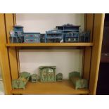 TWO SHELVES OF DOLLS HOUSE FURNITURE IN GREEN & BLUE