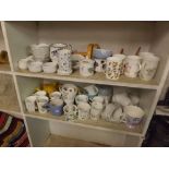 TWO SHELVES OF VARIOUS CHINA,CUPS, MUGS ETC