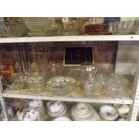 SHELF OF MISC GLASSES INCL; FRUIT BOWLS, LEMONADE JUG WITH GLASSES VASES & BOWLS