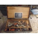 A WOODEN TOOL CHEST WITH CONTENTS WITH KEY