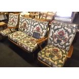 AN ERCOL TWO SEATER COTTAGE SETTEE & TWO MATCHING ARMCHAIRS