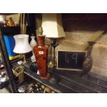 SHELF WITH 4 TABLE LAMPS - ONE BEING BROWN BURWOOD A/F, CANDLE HOLDER AND A BRASS EMBOSSED VASE