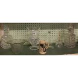 SHELF WITH TWO DECANTERS & OTHER GLASSWARE