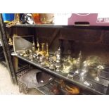 SHELF OF MIXED PLATEDWARE INCL: CANDLE STICKS & OTHER METALWARE