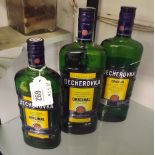 TWO LARGE BOTTLES & ONE SMALL OF BECHEROVKA DIGESTIVE LIQUOR