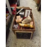 CARTON OF MIXED BRIC-A-BRAC INCL: SOFT TOYS, SMALL F/G PICTURES, SMALL BONGO DRUM & AN ETHNIC