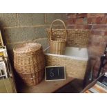 TWO ROUND WICKER BASKETS - ONE WITH HANDLE & A RAFFIA MADE LINEN LAUNDRY BOX