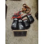 CARTON CONTAINING BOXING & KICK BOXING GLOVES & A CORRECTION THRASHING WHIP IN RED & BLACK