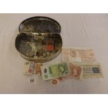 A TIN CONTAINING MIXED ENGLISH COINAGE INCL; SILVER THREE PENNY'S, TWO POUND BRITISH POSTAL ORDER,