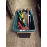 A GREEN CARTON OF VARIOUS GARDENING TOOLS INCL; & PANEL SAW