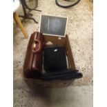 CARTON CONTAINING TWO BLACK & ONE BROWN LEATHER DOCUMENT CASE'S, A FLAT CAP & A BLACK MOTOR BOARD
