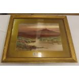 GILT FRAMED WATERCOLOUR BY EUSTACE A TOZER OF A MOORLAND SCENE OF MOUNTAINS AND LAKE