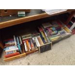 FOUR CARTONS OF MIXED HARDBACK BOOKS OF VARIOUS SUBJECTS, IN CARTONS AND WOOD DRAWERS