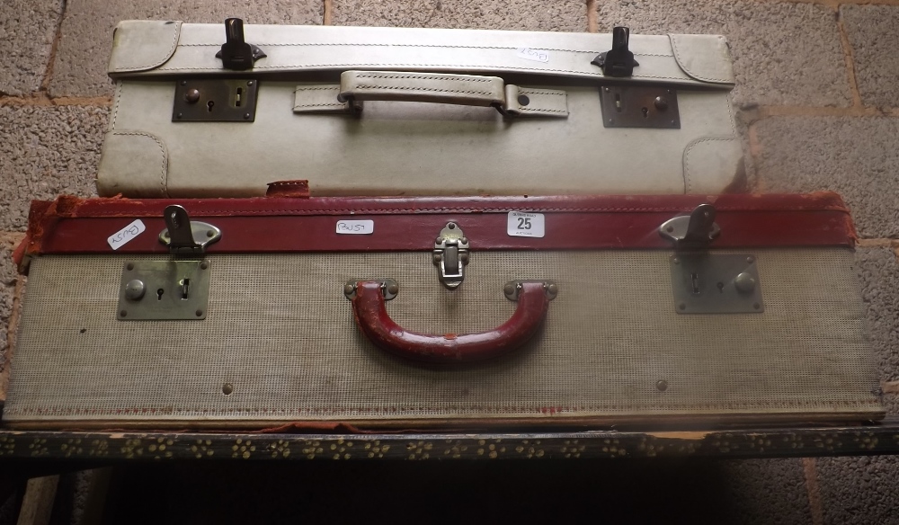 TWO VINTAGE SUITCASES - ONE WHITE & ONE WITH RED BANDING