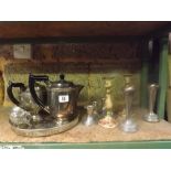 PART SHELF OF PLATEDWARE - COFFEE POT, TRAY, SUGAR & MILK BOWL ETC