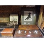 SHELF CONTAINING TWO WOODEN INLAID BOOK SLIDES, BRASS TRIVET, WOODEN BOX & TWO PICTURES