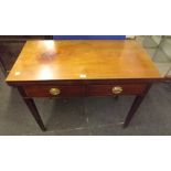 ANTIQUE MAHOGANY TEA TABLE WITH TWO DRAWERS & BRASS DROP HANDLES