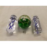 ONE CAITHNESS CRYSTAL PAPERWEIGHT 'THE MAY DANCE' & TWO GLASS ART PAPERWEIGHTS WITH BLUE INTERIOR