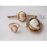 Three antique cameo items - brooch, ring & bar brooch - 14gms