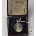 Antique rose gold framed painted miniature Georgian lady in box with note "for dear Blanche - a
