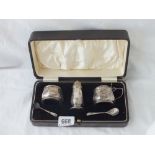 Three piece boxed cruet set with spoons & BGL