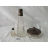 Silver mounted powder bowl & 2 scent bottles