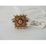 Fancy oblong gold & coral ring - size N