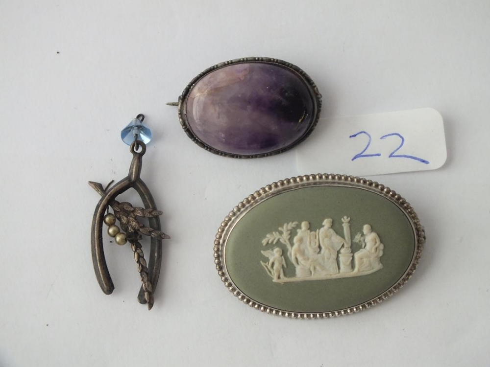 Three silver brooches, Wedgwood wishbone etc