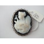 Victorian hardstone cameo brooch of a lady holding a peacock & orb in silver mount