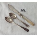 Victorian butter knife - Sheffield 1897 - and two bottom marked teaspoons