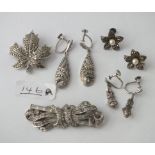 Three pairs of marcasite earrings & two brooches