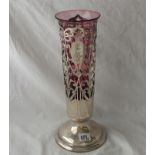 Large attractive vase with pierced sides & ruby glass liner - stamped stirling - 14" high