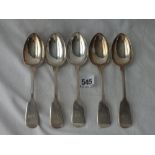 Five Victorian Exeter fiddle pattern dessert spoons - 1862 by JS - 206g