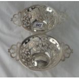Pair of pierced circular dishes each with two handles - 7" over handles - B'ham 1900 by M Bros.