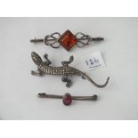 Silver & marcasite lizard brooch & 2 other silver brooches