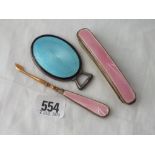 Silver & enamel make-up mirror - B'ham 1934 - an enamel nail buffer etc.