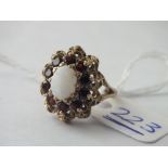 Vintage opal & garnet cluster ring in 9ct - size K - 4.5gms