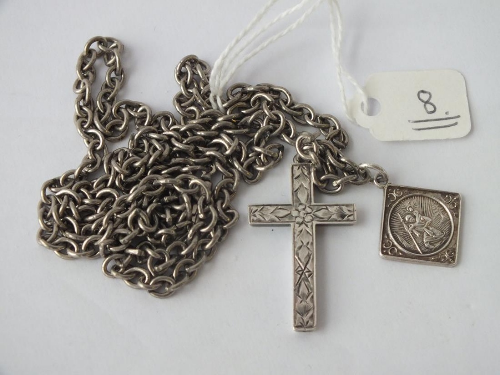 Engraved silver cross on long silver chain - 27" long - 20gms