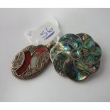 Silver & Abalone swirl brooch & hard stone pendant