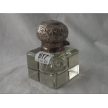 Indian silver ink pot with hinge cover and glass body 4" high