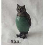 Silver mounted owl with stone egg-shaped body stamped "Silver 925" 3" high