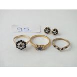 Vintage sapphire & diamond cluster ring & 2 others, plus pair of earrings set in 9ct - 8gms