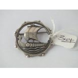 Circular vintage pierced Viking long boat brooch, marked Denmark 830S - 9.1gms