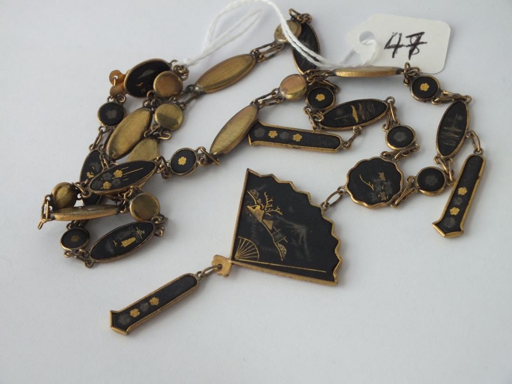 Antique Shakudo necklace mount in gilt mead with fan pendant drop