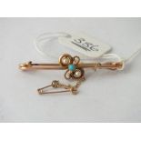 Pearl & turquoise bar brooch in 10ct gold - 2.9gms