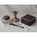 Candlestick with beaded rims, a mounted jar and cigarette case