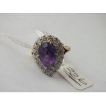 Large amethyst & diamond teardrop shaped cluster ring in 18ct gold - size L - 6.2gms