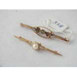 Two 9ct bar brooches both inset with pearls