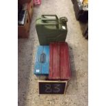 CARTON OF METAL TOOL BOXES & A JERRY CAN