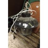 BLACK SHADED INDUSTRIAL HANGING LIGHT WITH GLASS GLOBE & PROTECTOR